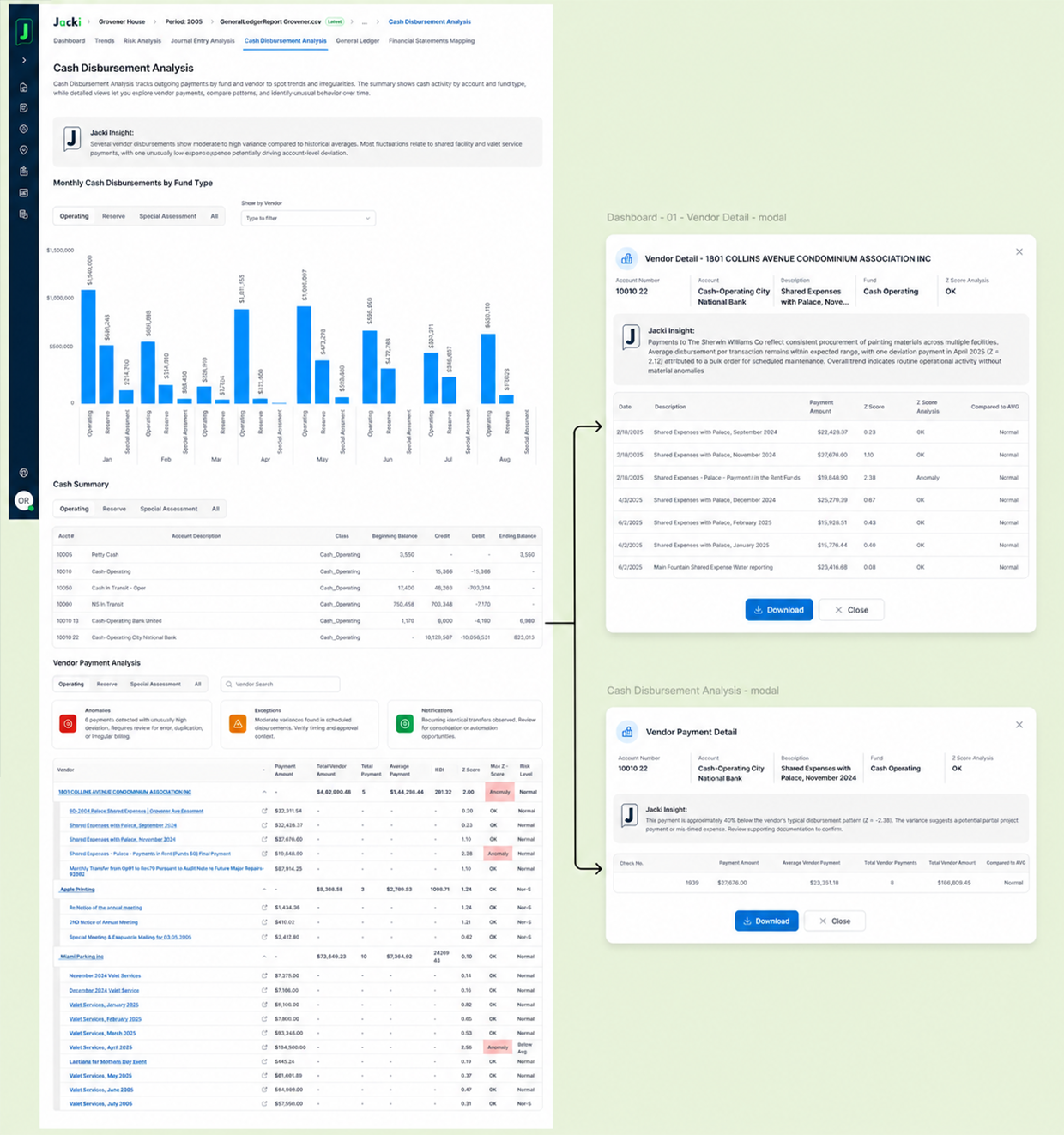 Ask Jacki was designed to answer questions in context, explain financial results in plain language, and link users directly into the relevant analysis modules.