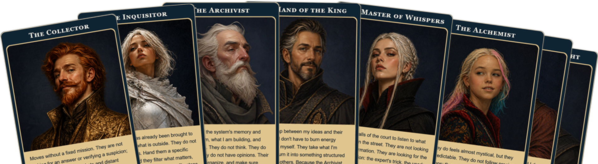 My System spatial card interface showing layered character cards arranged as an interactive knowledge system.